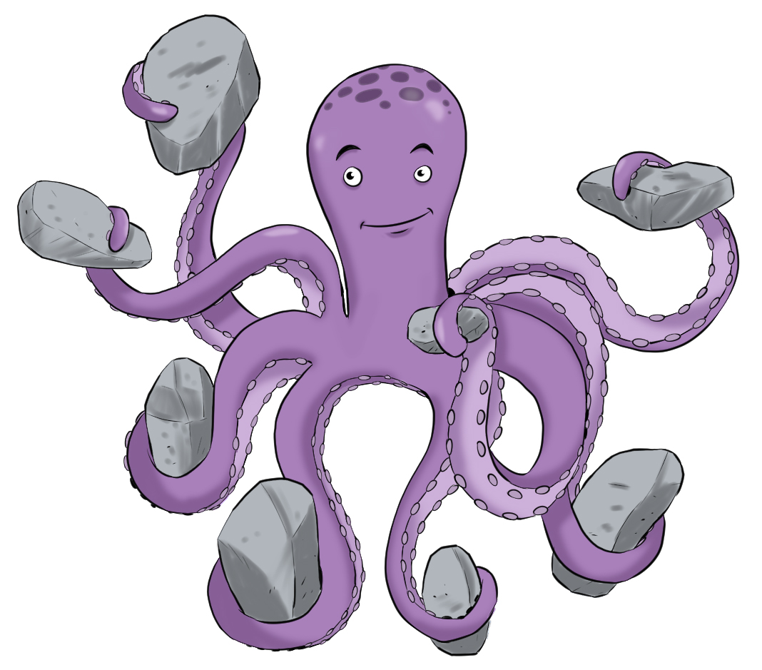 Une pieuvre tient des pierres dans chacune de ses tentacules